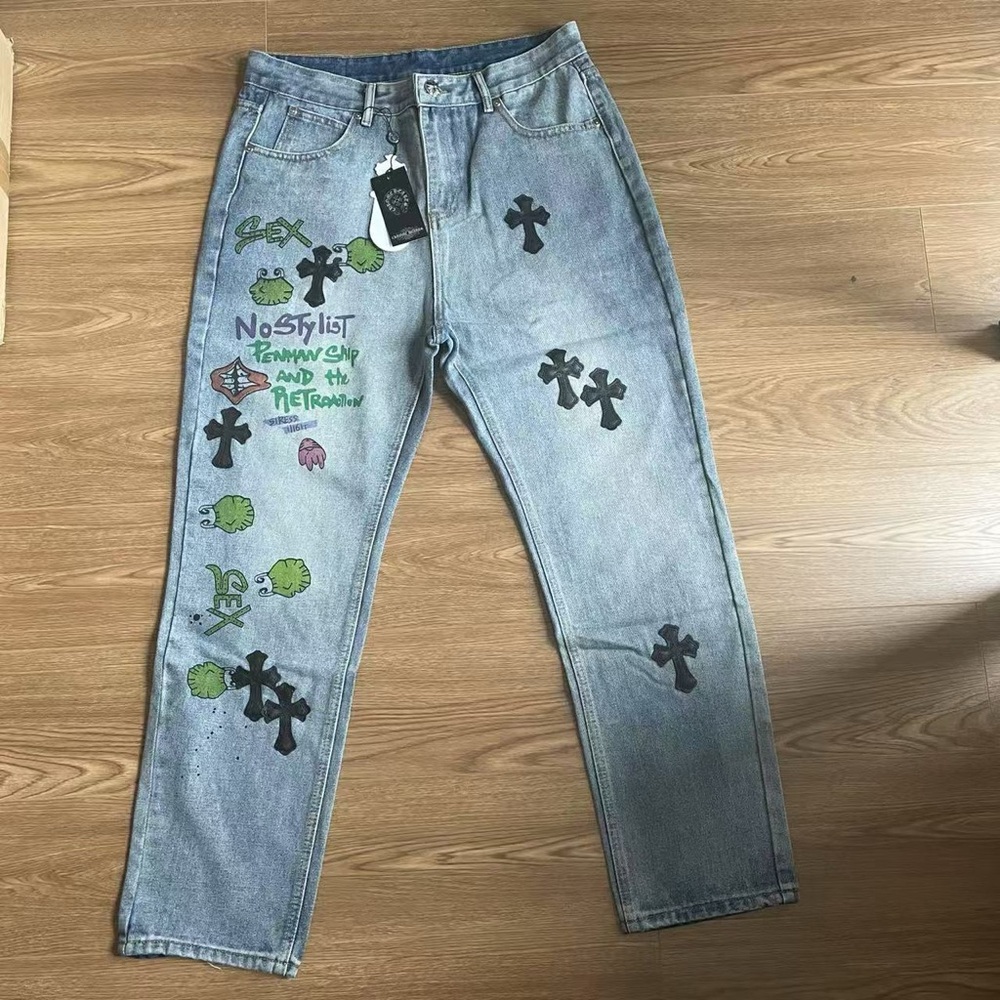Chrome Hearts Cross Stitch Leather Logo Jeans